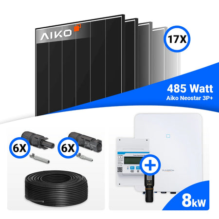 PV Komplettset 8 kWp mit 17x AIKO 485W Black Frame Solarmodulen und Sungrow SH8.0RT Hybrid-Wechselrichter mit Speicheroption.
