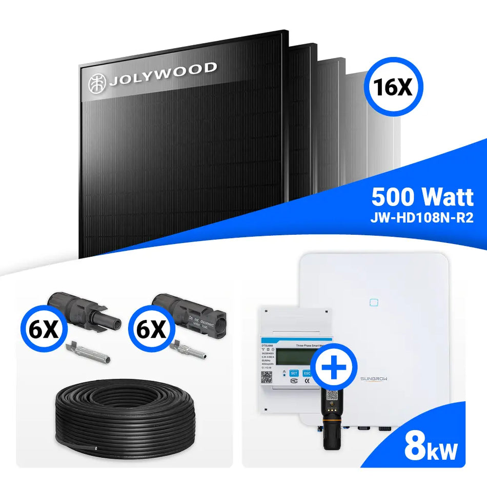 PV Komplettset 8 kWp – 16x Jolywood 500W Full Black & Sungrow SH8.0RT mit Speicheroption
