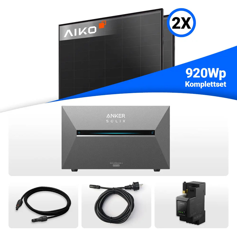 800W/920W Balkonkraftwerk mit Speicher - 2x AIKO 460W Full Black & Anker Solix Solarbank 3 Pro
