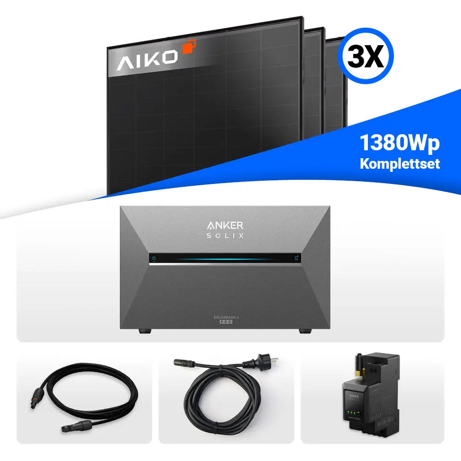 1380W Balkonkraftwerk mit Speicher - 3x AIKO 460W Full Black & Anker Solix Solarbank 3 Pro
