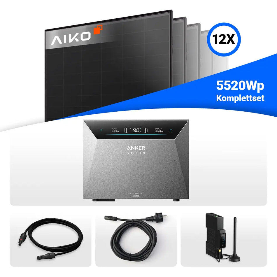 5520W Solarkraftwerk mit Speicher - 12x AIKO 460W Full Black & Anker Solix Solarbank 4 Pro