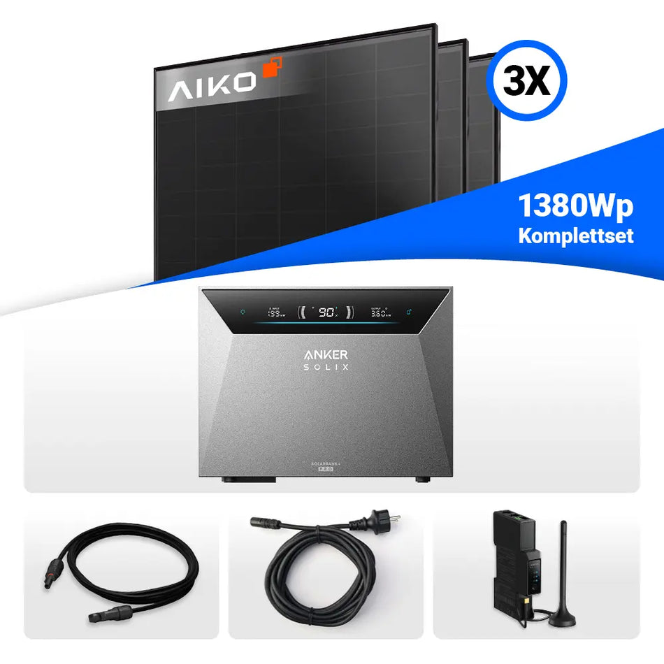 1380W Balkonkraftwerk mit Speicher - 3x AIKO 460W Full Black & Anker Solix Solarbank 4 Pro