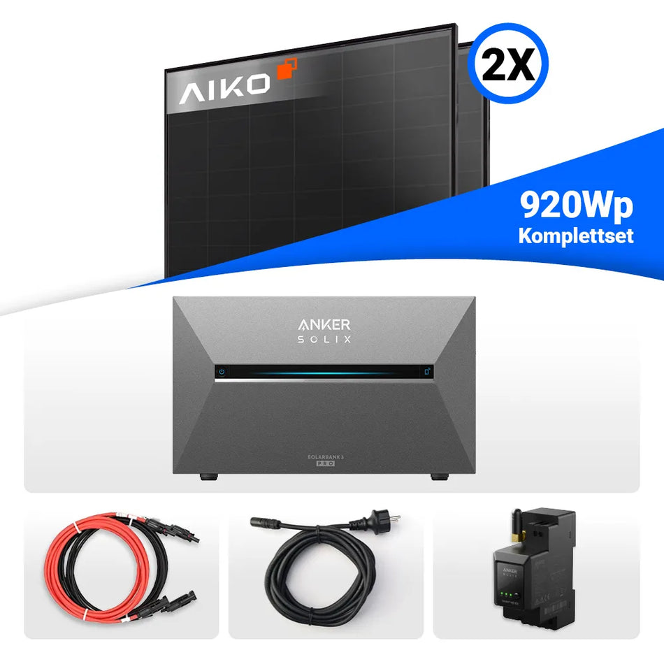 800W/920W Balkonkraftwerk mit Speicher - 2x Aiko 460W Full Black & Anker Solix Solarbank 3 Pro