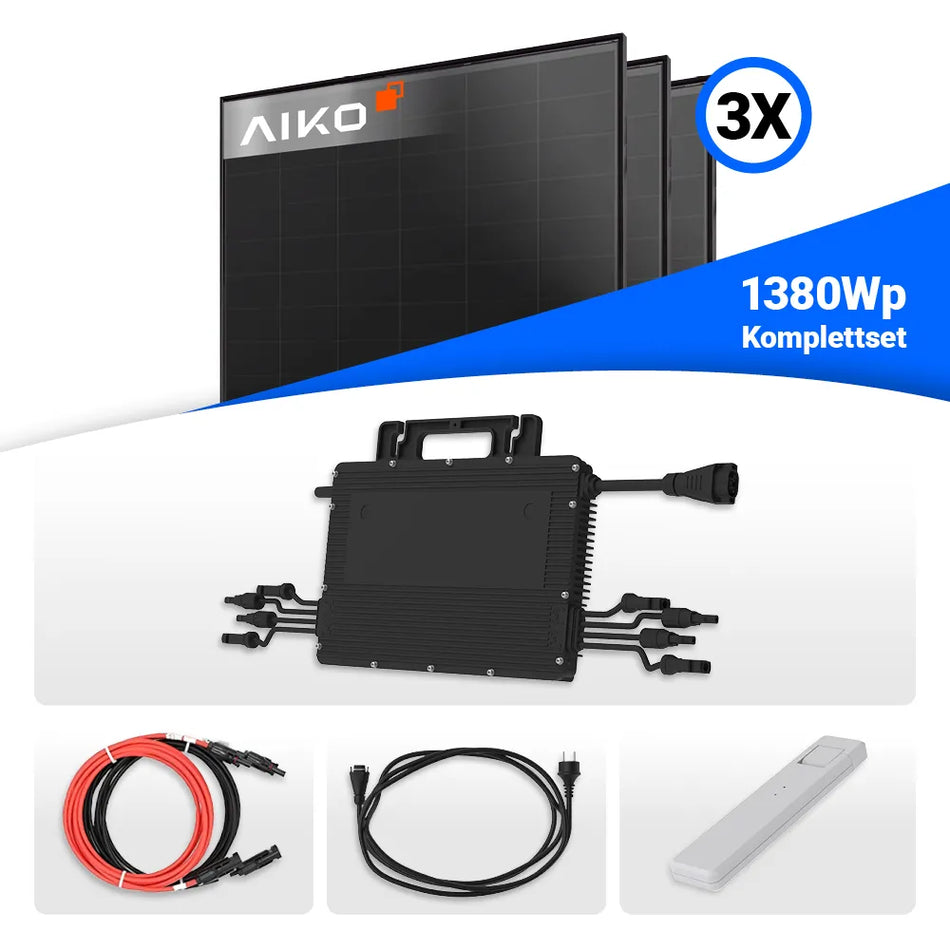 1380W Balkonkraftwerk - 3x Aiko 460W Full Black & Hoymiles HMS-1600W-4T Wechselrichter inkl. DTU WLITE-S