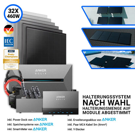 Anker Solix Komplettset mit 32 AIKO Solarmodulen 460W, Power Dock, Speicher, Kabel, Smart-Meter und Halterungssystem nach Wahl für Schrägdach, Flachdach oder Wandmontage.