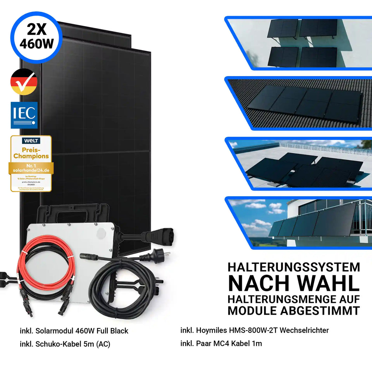 Set mit 2x Aiko 460W Full Black Solarmodulen, Hoymiles HMS-800W-2T Wechselrichter, 5m Schuko-Kabel (AC) und 1m MC4-Kabel. Links im Bild die beiden schwarzen Solarmodule mit Wechselrichter und Anschlusskabeln, rechts verschiedene Montagemöglichkeiten: Flachdach, Ziegeldach, Bodenaufstellung und Balkonmontage. Halterungssystem nach Wahl, abgestimmt auf die Modulanzahl.
