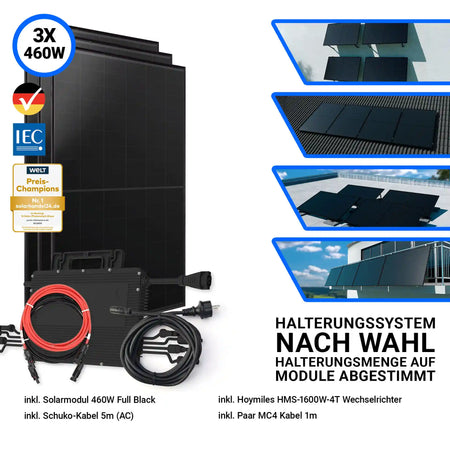 Set mit 3x Aiko 460W Full Black Solarmodulen, Hoymiles HMS-1600W-4T Wechselrichter, 5m Schuko-Kabel (AC) und 1m MC4-Kabel. Links im Bild die drei schwarzen Solarmodule mit Wechselrichter und Anschlusskabeln, rechts verschiedene Montagemöglichkeiten: Flachdach, Ziegeldach, Bodenaufstellung und Balkonmontage. Halterungssystem nach Wahl, abgestimmt auf die Modulanzahl.