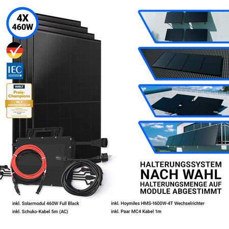 Set mit 4x Aiko 460W Full Black Solarmodulen, Hoymiles HMS-1600W-4T Wechselrichter, 5m Schuko-Kabel (AC) und 1m MC4-Kabel. Links im Bild die vier schwarzen Solarmodule mit Wechselrichter und Anschlusskabeln, rechts verschiedene Montagemöglichkeiten: Flachdach, Ziegeldach, Bodenaufstellung und Balkonmontage. Halterungssystem nach Wahl, abgestimmt auf die Modulanzahl.
