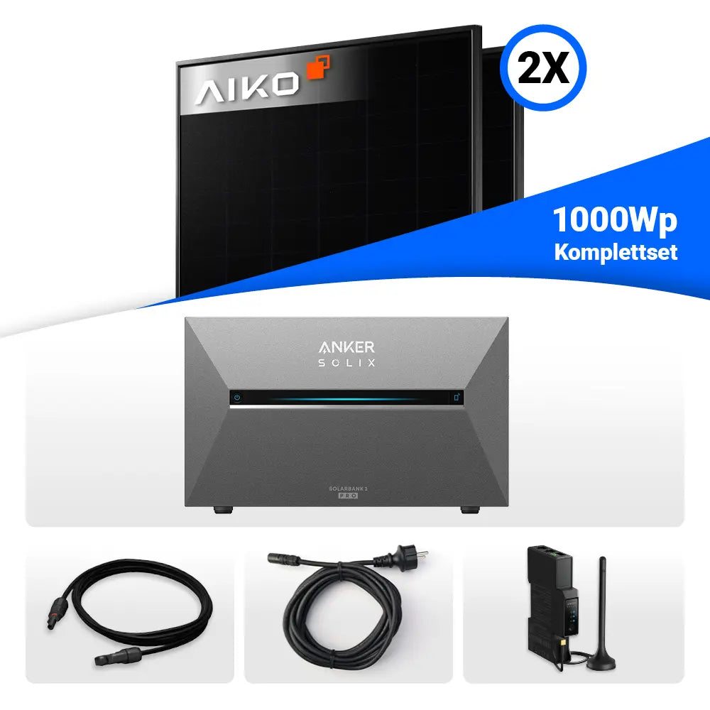 Balkonkraftwerk 1000Wp mit Speicher: 2x AIKO 500W Full Black bifazial & Anker Solix Solarbank 3 Pro. (800W/1000W)