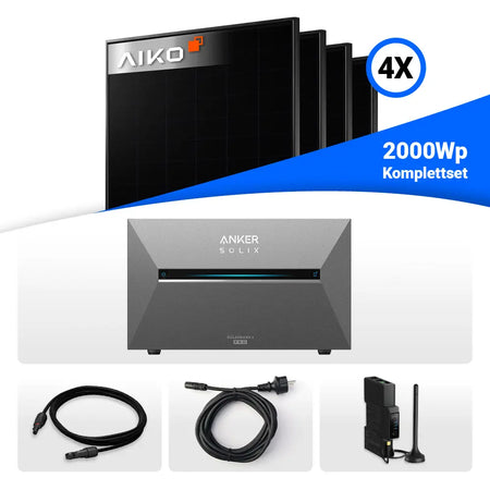 Solaranlage 2000Wp: 4x AIKO 500W PV-Module & Anker Solix Solarbank 3 Pro Batteriespeicher.