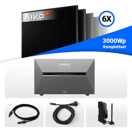 Photovoltaik 3000Wp Set: 6x AIKO 500W bifazial Solarmodule & Anker Solix Solarbank 3 Pro.