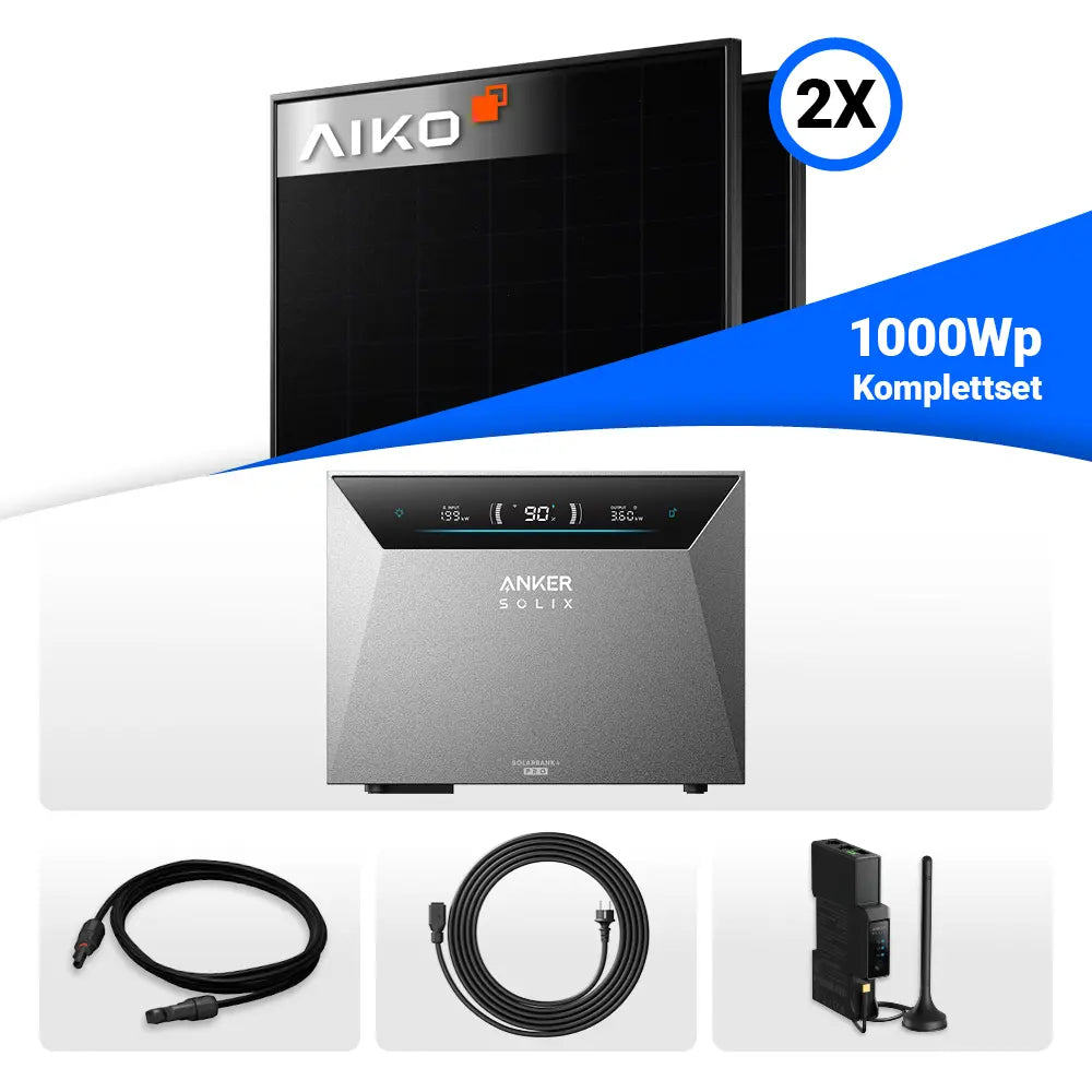 Balkonkraftwerk 1000Wp mit Speicher: 2x AIKO 500W Full Black & Anker Solix Solarbank 4 Pro. (800W/1000W)
