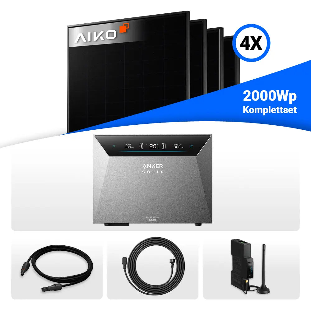 Solaranlage 2000Wp: 4x AIKO 500W PV-Module & Anker Solix Solarbank 4 Pro Batteriespeicher.