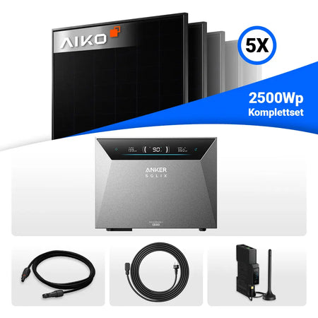 2500Wp Balkonkraftwerk Komplettset: 5x AIKO 500W Full Black & Anker Solix Solarbank 4 Pro.