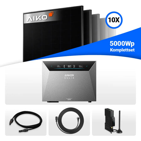 Balkonkraftwerk 5000Wp mit Speicher: 10x AIKO 500W Full Black & Anker Solix Solarbank 4 Pro.