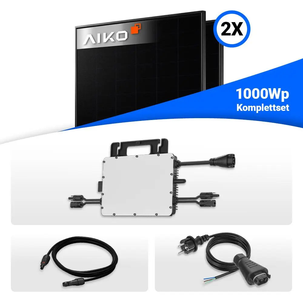 Balkonkraftwerk 1000Wp: 2x AIKO 500W Full Black bifazial & Hoymiles HiFlow HMS-2000-4WB Wechselrichter.