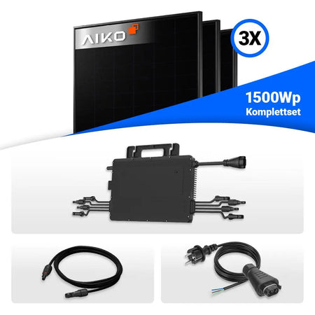 1500Wp Balkonkraftwerk Set: 3x AIKO 500W Full Black & Hoymiles HMS-2000-4WB Mikrowechselrichter.