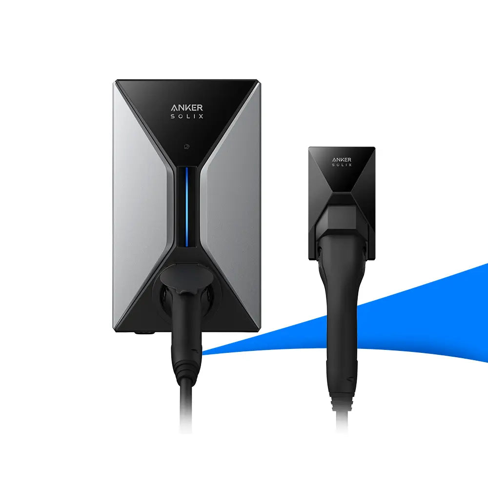 Wandladestation Anker Solix EV Charger in silber-schwarzem Gehäuse mit blauem LED-Lichtstreifen, daneben das angeschlossene schwarze Ladekabel mit Stecker.