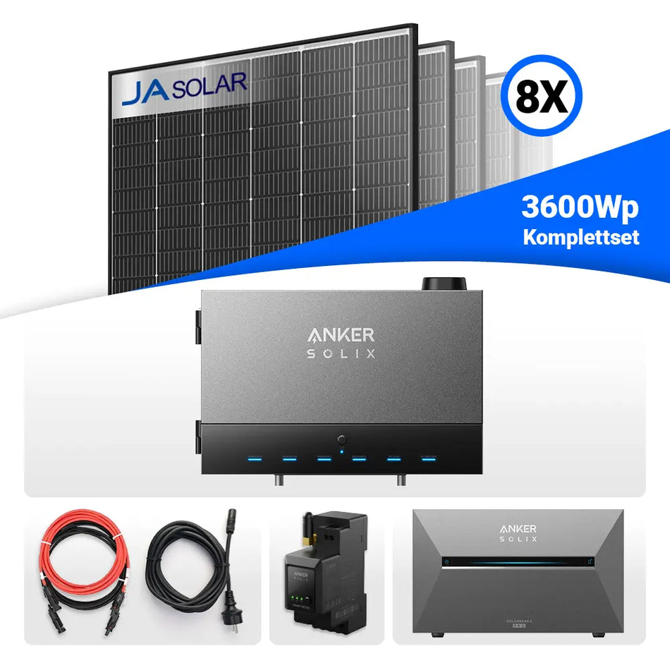 Balkonkraftwerk Komplettset 3600 Wp – 8x JA Solar 450W Module mit Anker SOLIX Power Dock, Smart-Meter, Kabeln und Zubehör – erhältlich bei SH24.