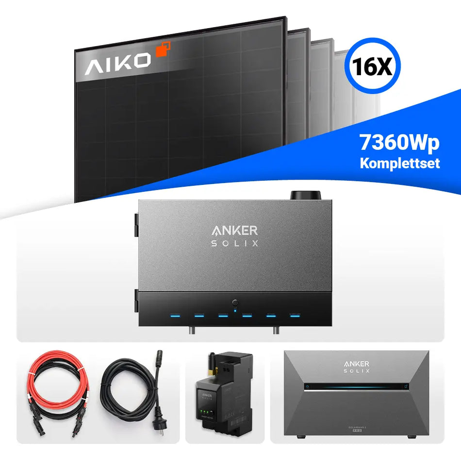 Anker Solix Komplettset mit 16 AIKO Solarmodulen à 460W (7.360 Wp), inklusive PowerDock mit integriertem Wechselrichter, Speicher, Smart-Meter, Kabel und Zubehör – erhältlich bei SH24.