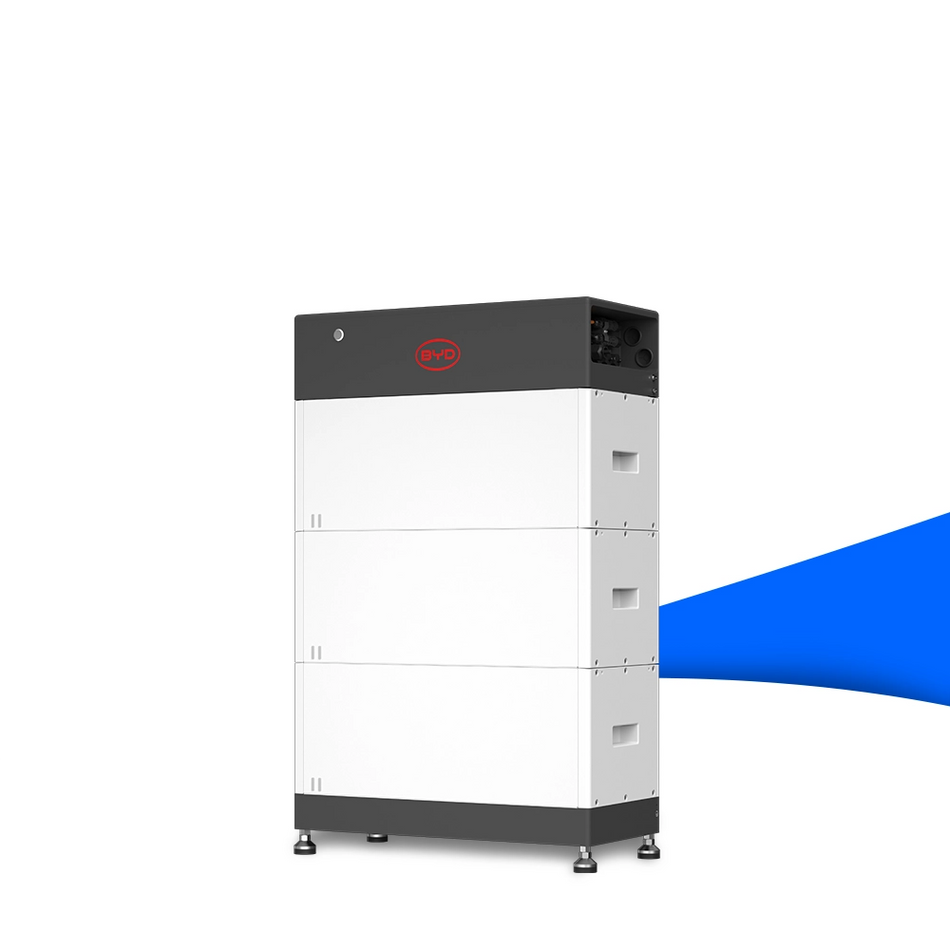 BYD HVM+ 8.3 Battery-Box – modularer Hochvolt-Stromspeicher in weiß-grauem Gehäuse mit rotem BYD-Logo, ideal für Photovoltaikanlagen im privaten und gewerblichen Bereich. Erhältlich bei sh24.