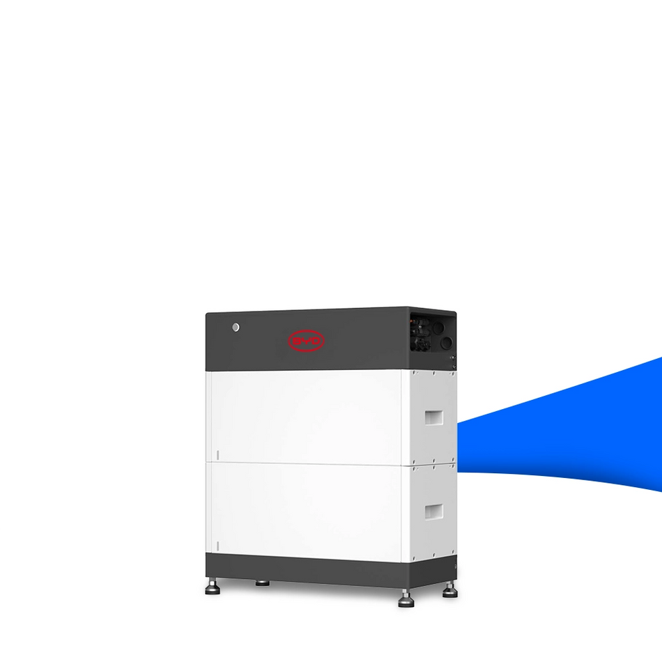 BYD HVS+ 5.1 Battery-Box – stapelbarer Hochvolt-Stromspeicher in weiß-grauem Gehäuse mit rotem BYD-Logo, geeignet für modulare Energiespeichersysteme. Erhältlich bei sh24.