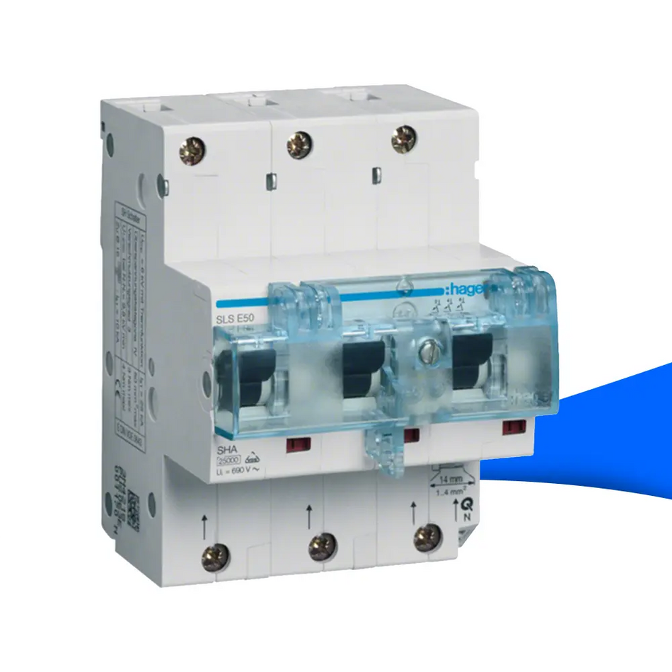 Dreipoliger Hager SLS-Schalter HTN350E mit transparenter blauer Schutzabdeckung, 50 A Nennstrom, geeignet für Hutschienenmontage in elektrischen Verteilungen – erhältlich bei SH24.