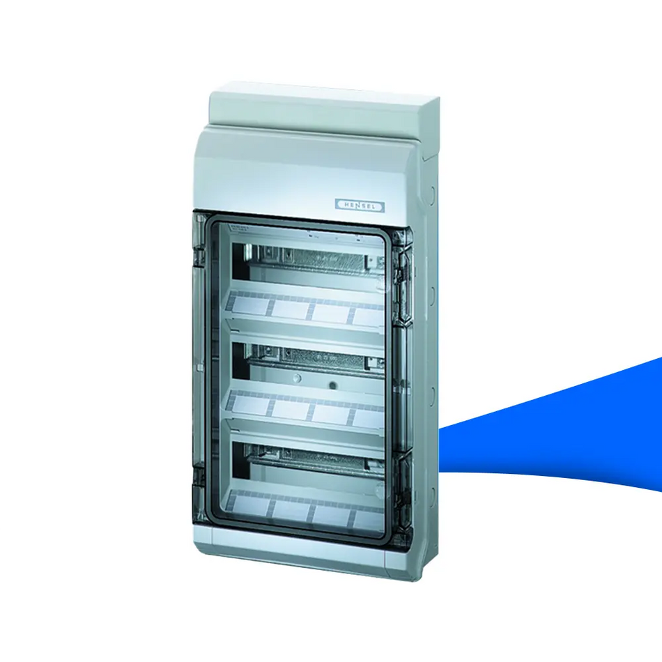 Hensel KV 3536 KV 90-Automatengehäuse mit 36 Teilungseinheiten (3x12), Aufputzgehäuse mit transparenter Tür, Schutzart IP54, robustes Kunststoffgehäuse für sichere Elektroinstallationen – erhältlich bei sh24.
