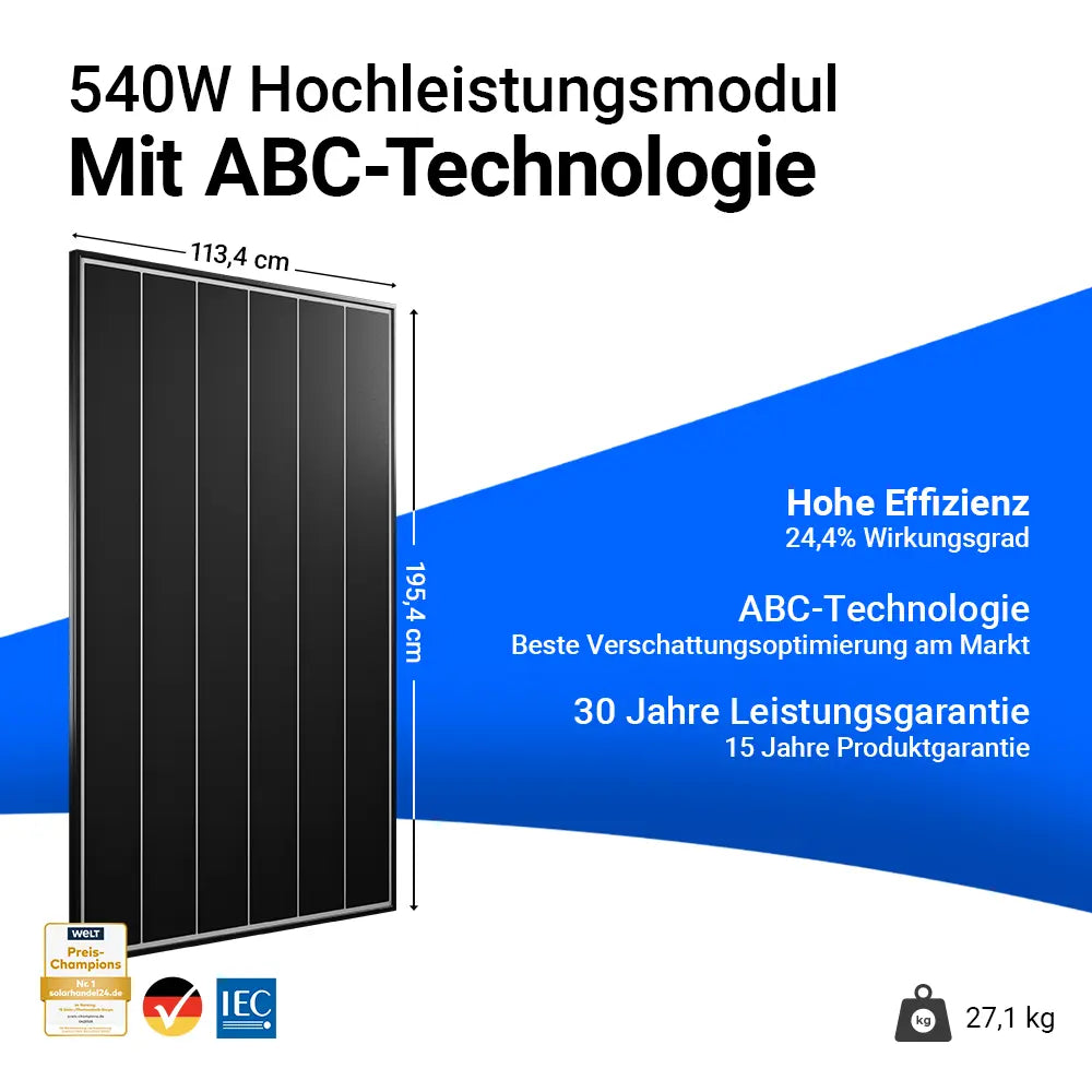 Infobild - AIKO 540W Hochleistungsmodul
Hohe Effizienz
ABC-Technologie
30 Jahre Leistungsgarantie