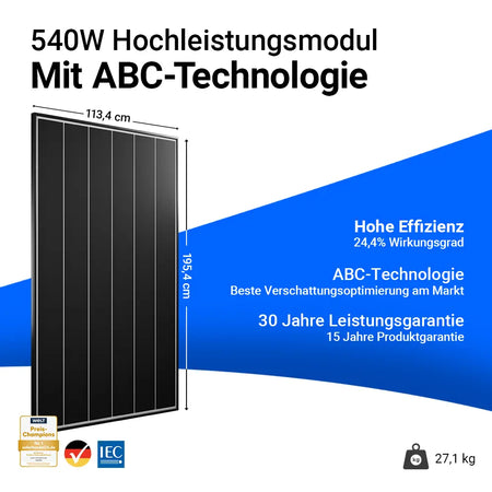 Infobild - AIKO 540W Hochleistungsmodul
Hohe Effizienz
ABC-Technologie
30 Jahre Leistungsgarantie