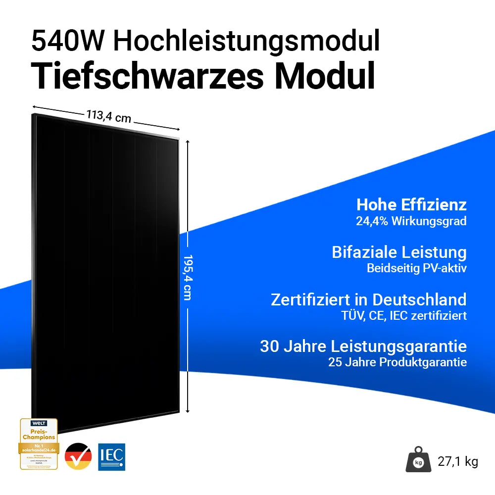 Infobild AIKO Solar 540W Glas-Glas Full Black Modul AIKO-A540-MCE60Db Neostar 3S+60
Hohe Effizienz
BIfaziale Leistung
Zertifiziert in Deutschland
30 Jahre Leistungsgarantie