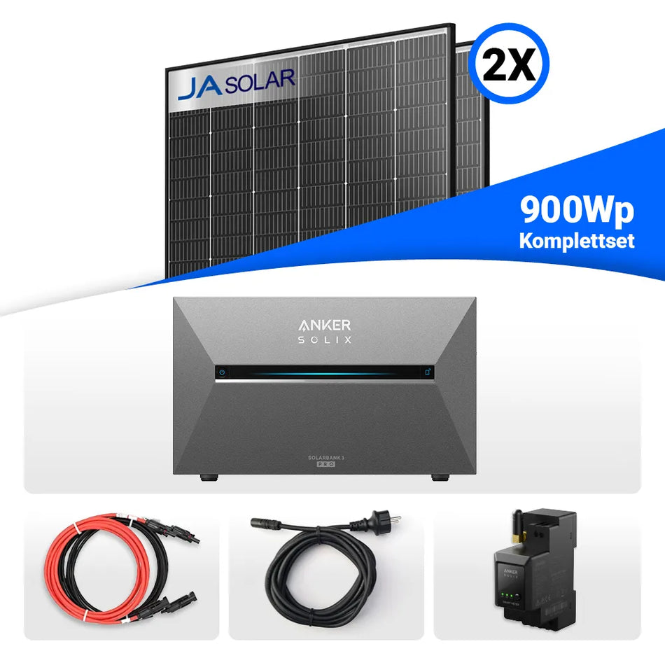 800W/900W Balkonkraftwerk mit Speicher - 2x JaSolar 450W Black Frame bifazial & Anker Solix Solarbank 3 Pro