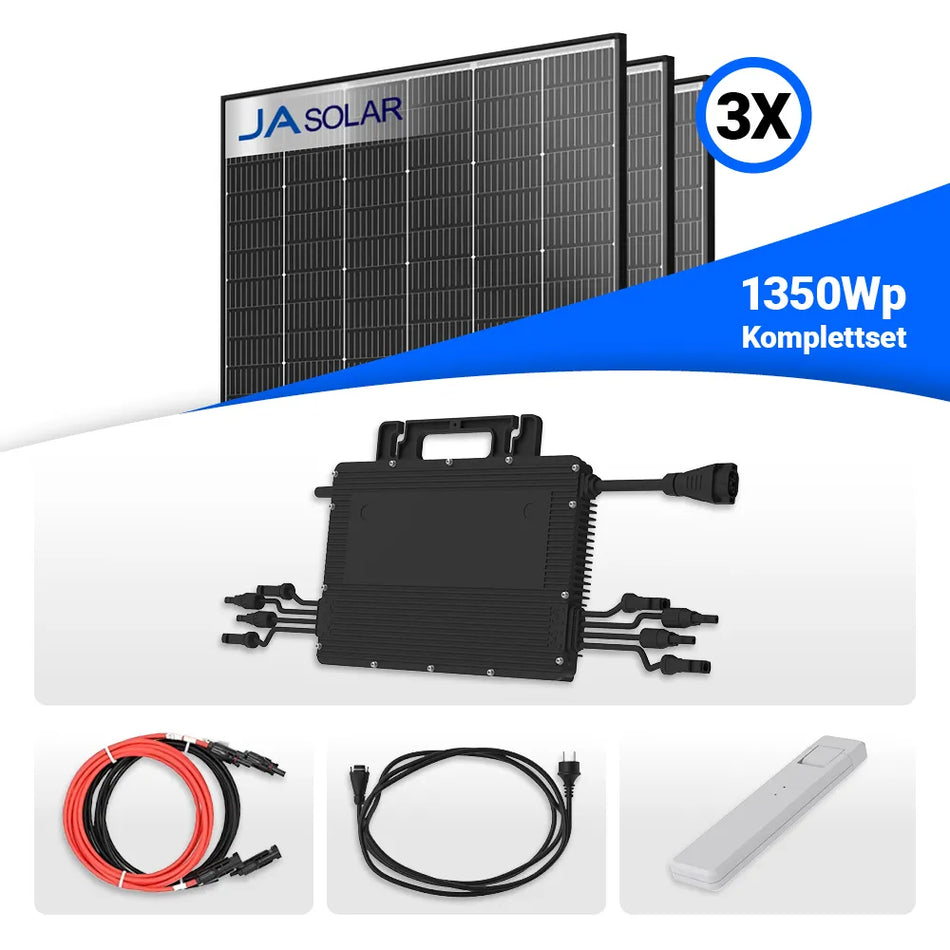 1350W Balkonkraftwerk - 3x JaSolar 450W Black Frame bifazial & Hoymiles HMS-1600W-4T Wechselrichter inkl. DTU WLITE-S