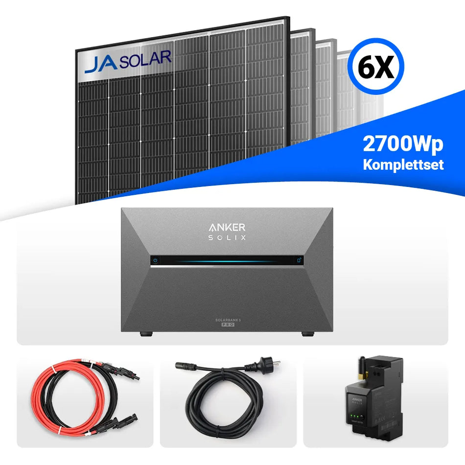2700W Balkonkraftwerk mit Speicher - 6x JaSolar 450W Black Frame bifazial & Anker Solix Solarbank 3 Pro