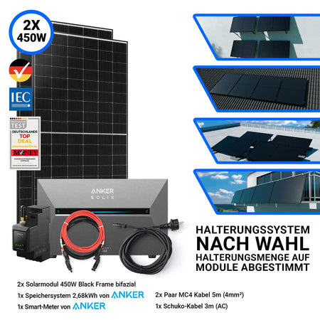 2x Ja Solar 450 Watt Modul mit Anker Solix Solarbank 3 Pro Halterung nach Wahl Smartmeter und Kabeln