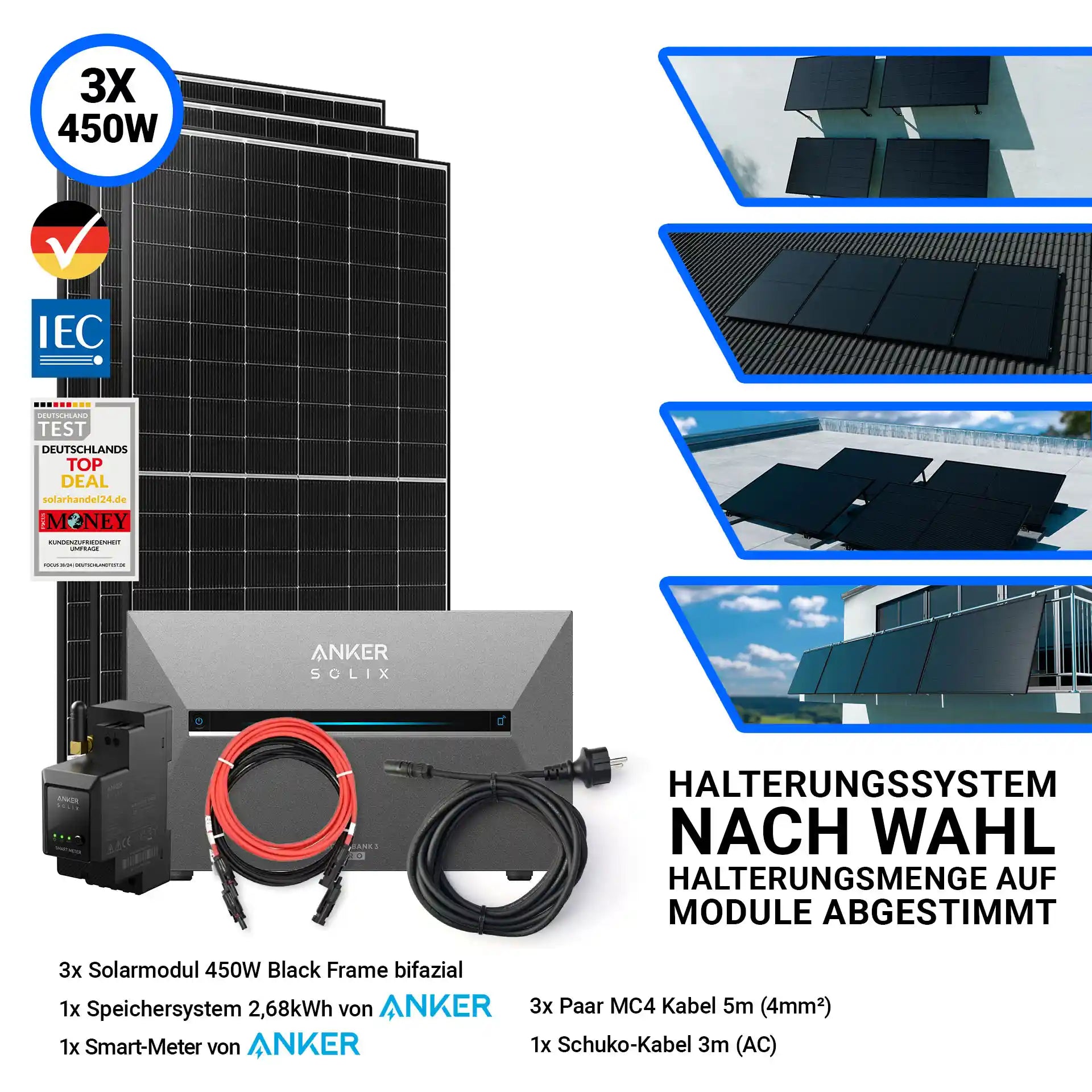 3x Ja Solar 450 Watt Modul mit Anker Solix Solarbank 3 Pro Halterung nach Wahl Smartmeter und Kabeln