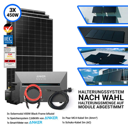 3x Ja Solar 450 Watt Modul mit Anker Solix Solarbank 3 Pro Halterung nach Wahl Smartmeter und Kabeln