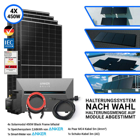 4x Ja Solar 450 Watt Modul mit Anker Solix Solarbank 3 Pro Halterung nach Wahl Smartmeter und Kabeln