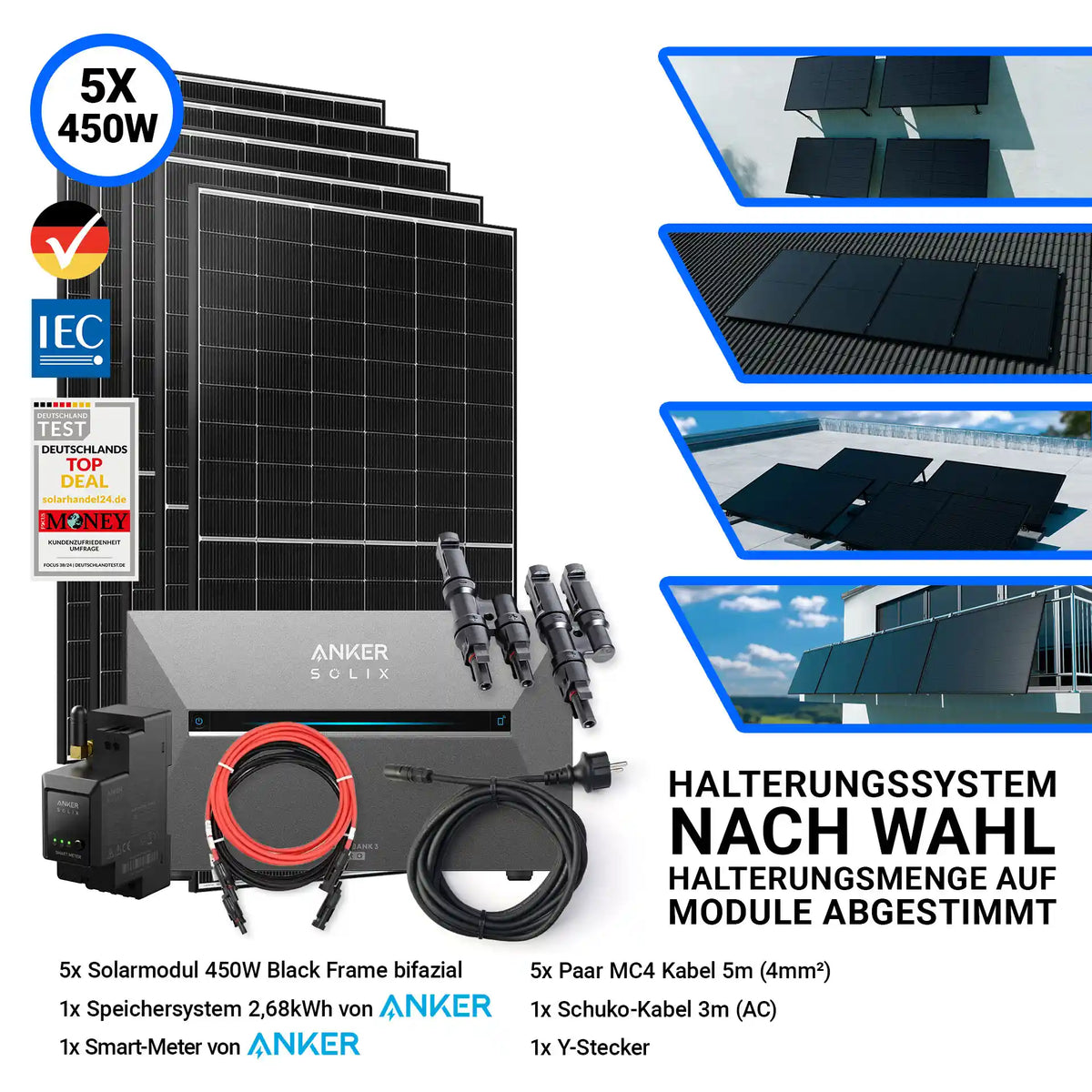 5x Ja Solar 450 Watt Modul mit Anker Solix Solarbank 3 Pro Halterung nach Wahl Smartmeter und Kabeln