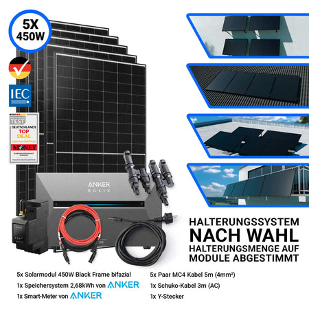 5x Ja Solar 450 Watt Modul mit Anker Solix Solarbank 3 Pro Halterung nach Wahl Smartmeter und Kabeln