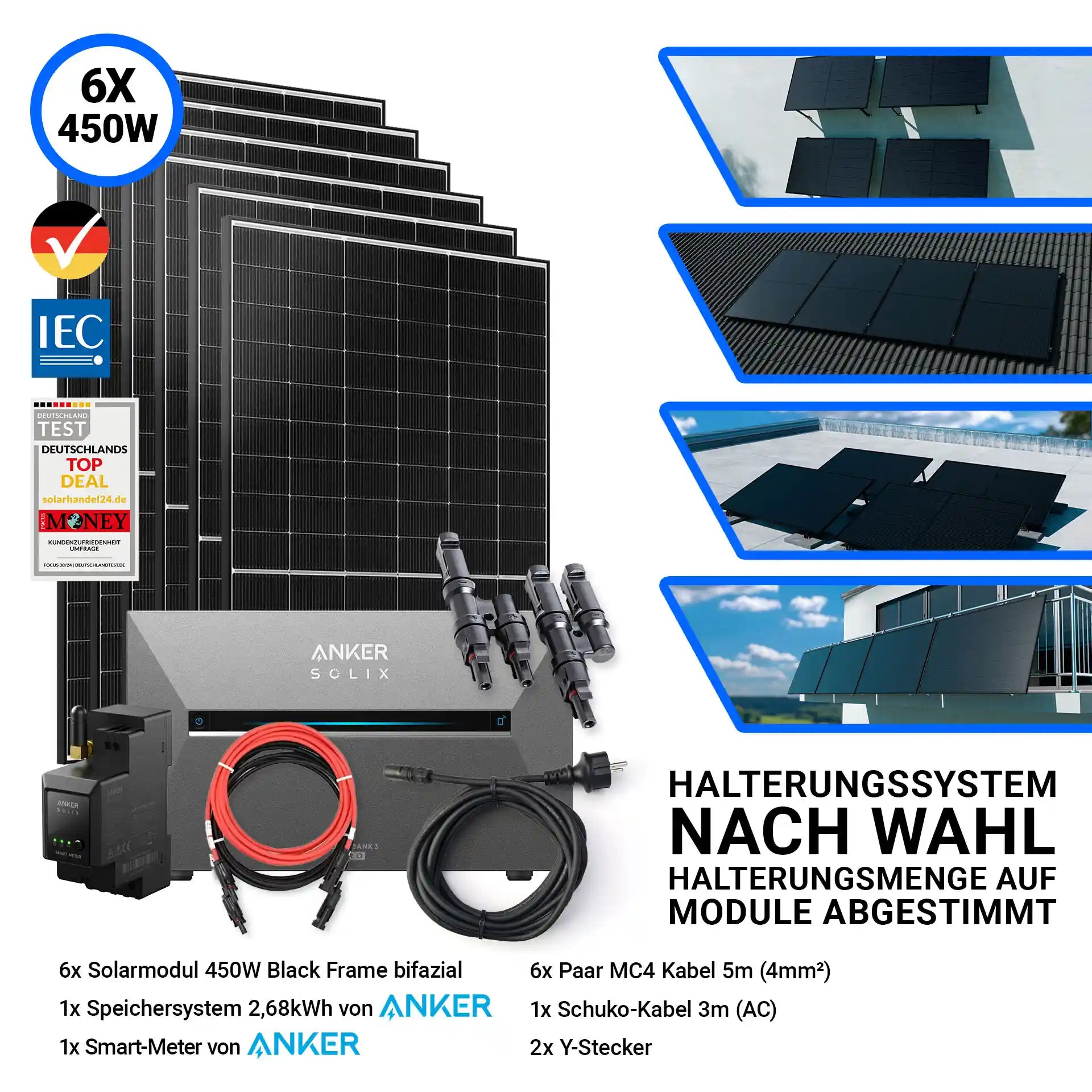 6x Ja Solar 450 Watt Modul mit Anker Solix Solarbank 3 Pro Halterung nach Wahl Smartmeter und Kabeln