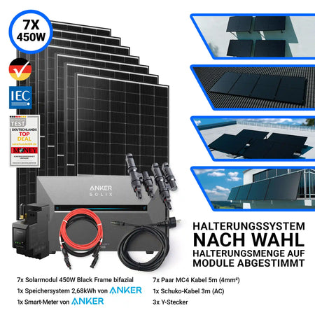7x Ja Solar 450 Watt Modul mit Anker Speicher Solix Solarbank 3 Pro Halterung nach Wahl Smartmeter und Kabeln