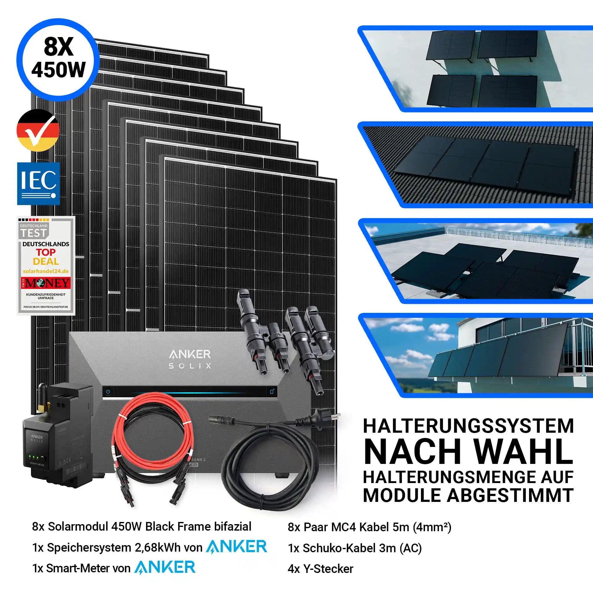 8x Ja Solar 450 Watt Modul mit Anker Solix Solarbank 3 Pro Speicher Halterung nach Wahl Smartmeter und Kabeln