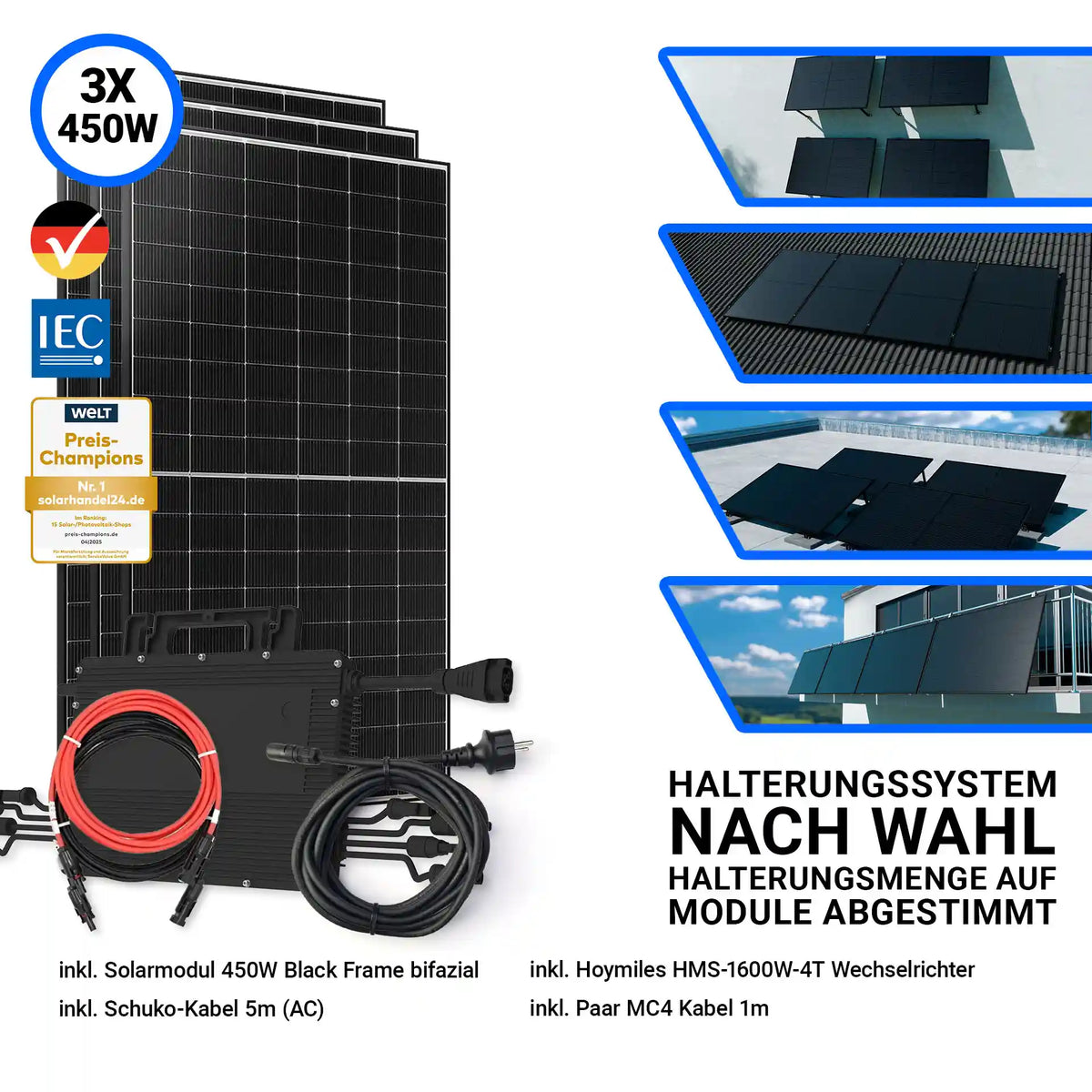 Set mit 3x JaSolar 450W Black Frame bifazialen Solarmodulen, Hoymiles HMS-1600W-4T Wechselrichter, 5m Schuko-Kabel (AC) und 1m MC4-Kabel. Links im Bild die drei schwarzen Solarmodule mit Wechselrichter und Anschlusskabeln, rechts verschiedene Montagemöglichkeiten: Flachdach, Ziegeldach, Bodenaufstellung und Balkonmontage. Halterungssystem nach Wahl, abgestimmt auf die Modulanzahl.