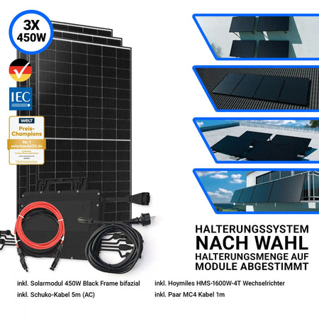 Set mit 3x JaSolar 450W Black Frame bifazialen Solarmodulen, Hoymiles HMS-1600W-4T Wechselrichter, 5m Schuko-Kabel (AC) und 1m MC4-Kabel. Links im Bild die drei schwarzen Solarmodule mit Wechselrichter und Anschlusskabeln, rechts verschiedene Montagemöglichkeiten: Flachdach, Ziegeldach, Bodenaufstellung und Balkonmontage. Halterungssystem nach Wahl, abgestimmt auf die Modulanzahl.