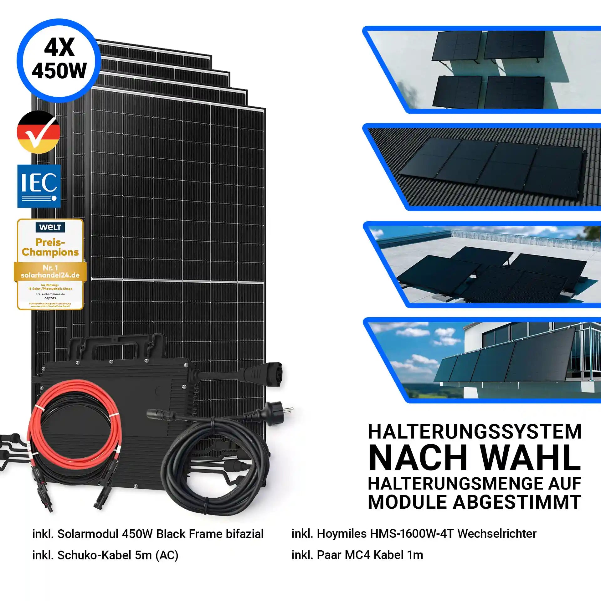 Set mit 4x JaSolar 450W Black Frame bifazialen Solarmodulen, Hoymiles HMS-1600W-4T Wechselrichter, 5m Schuko-Kabel (AC) und 1m MC4-Kabel. Links im Bild die vier schwarzen Solarmodule mit Wechselrichter und Anschlusskabeln, rechts verschiedene Montagemöglichkeiten: Flachdach, Ziegeldach, Bodenaufstellung und Balkonmontage. Halterungssystem nach Wahl, abgestimmt auf die Modulanzahl.