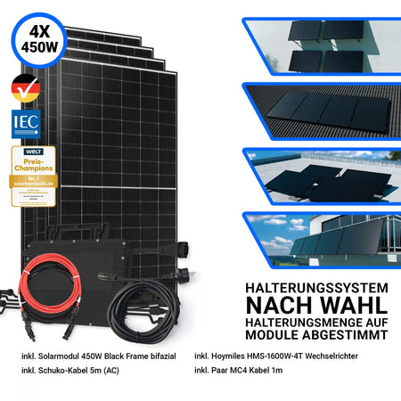 Set mit 4x JaSolar 450W Black Frame bifazialen Solarmodulen, Hoymiles HMS-1600W-4T Wechselrichter, 5m Schuko-Kabel (AC) und 1m MC4-Kabel. Links im Bild die vier schwarzen Solarmodule mit Wechselrichter und Anschlusskabeln, rechts verschiedene Montagemöglichkeiten: Flachdach, Ziegeldach, Bodenaufstellung und Balkonmontage. Halterungssystem nach Wahl, abgestimmt auf die Modulanzahl.