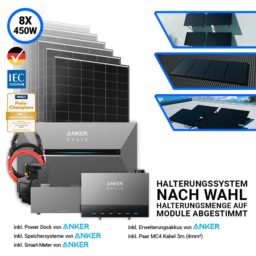 Photovoltaik Anlage 3600Wp – JA Solar Module mit Anker SOLIX Zubehör, Power Dock, Kabeln und flexiblem Halterungssystem – bestellen bei SH24.
