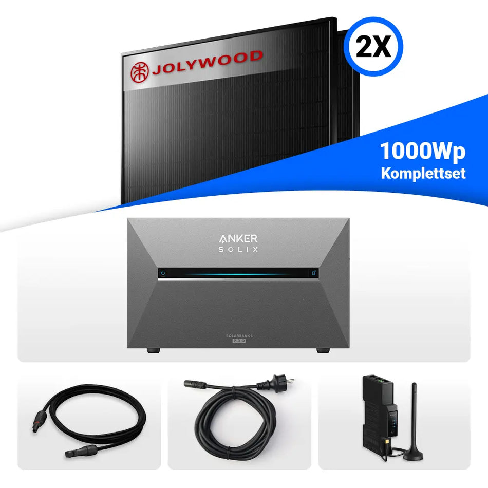 1000W Balkonkraftwerk mit Speicher - 2x Jolywood 500W JW-HD108N-R2 Bifazial Glas-Glas Full Black & Anker Solix Solarbank 2 Pro