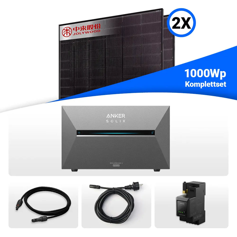 800W/1000W Balkonkraftwerk mit Speicher - 2x Jolywood 500W Full Black bifazial & Anker Solix Solarbank 3 Pro